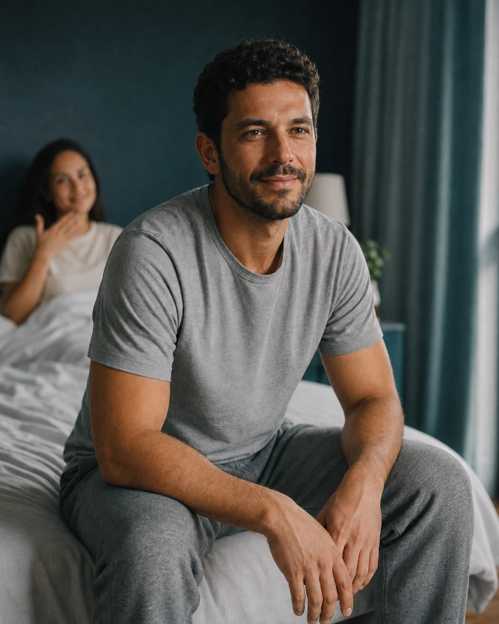Homem tranquilo sentado na beira da cama pela manhã, com uma mulher ao fundo.
