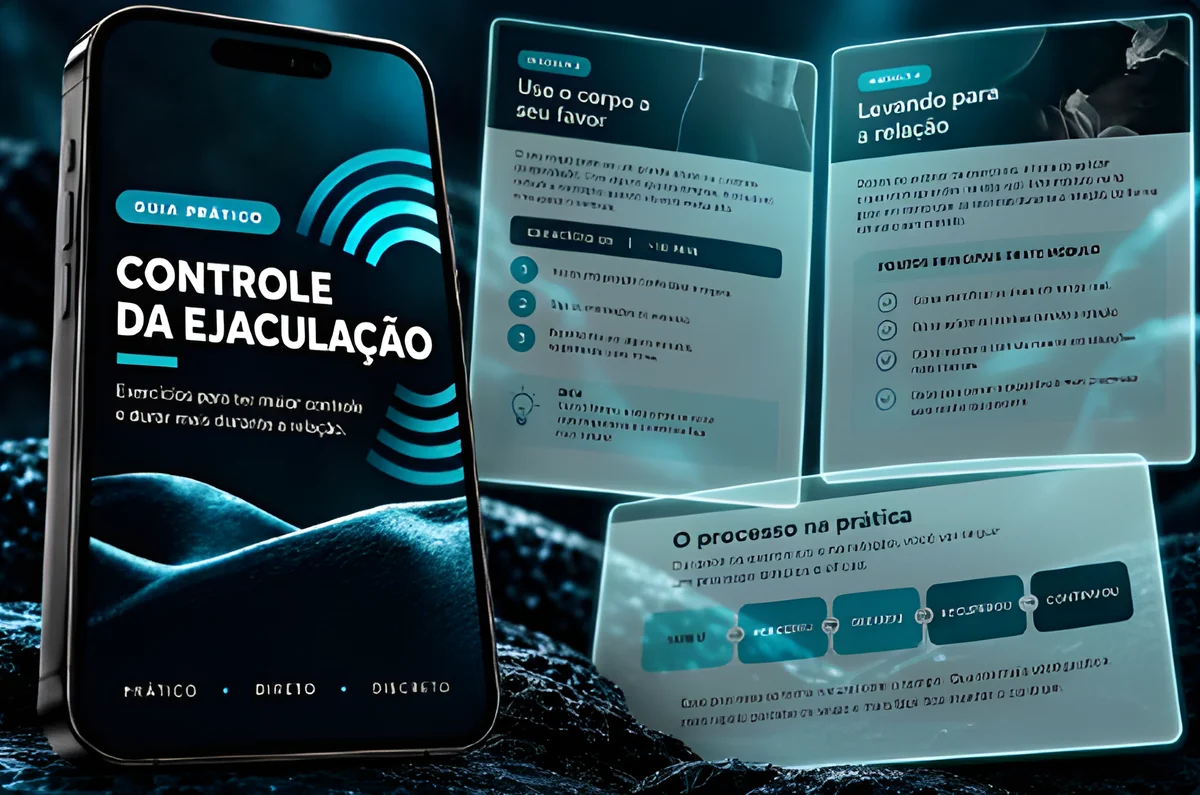 Guia Prático de Controle da Ejaculação no celular, com páginas dos módulos ao lado.